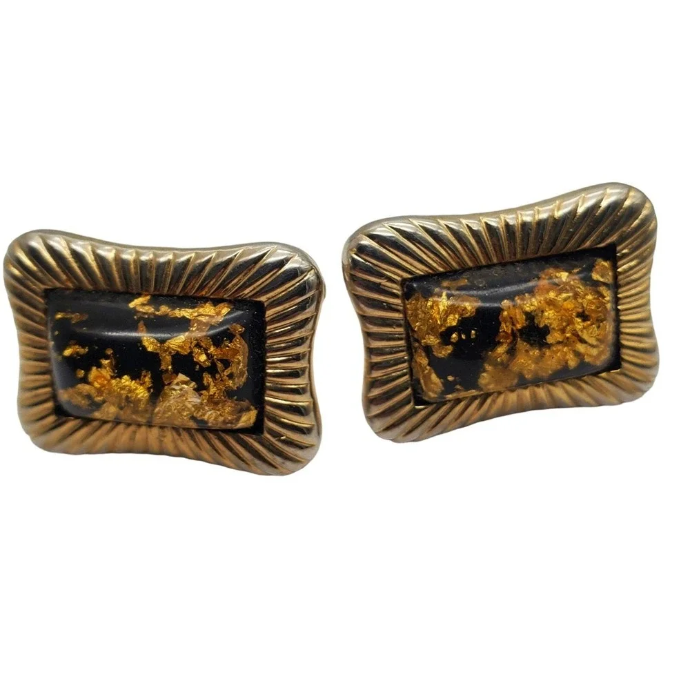 Hickok Cufflinks Monte Carlo Gold Flakes Black Vintage MCM 70s Modernist Ribbed